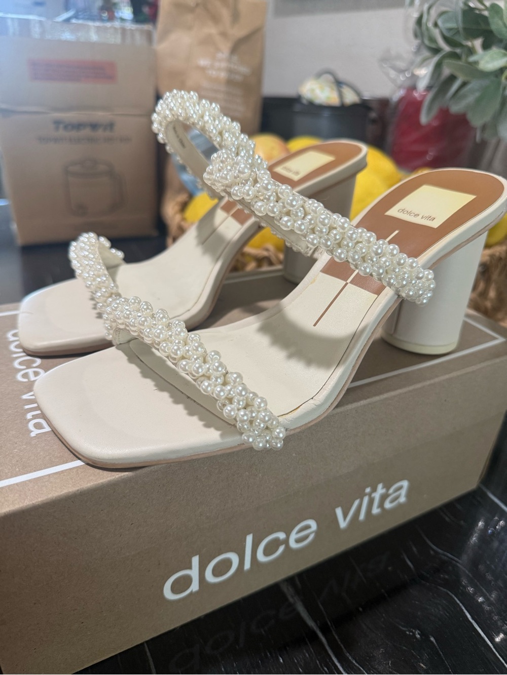 Dolce Vita Cream Pearl-Strap Block Heel Sandals